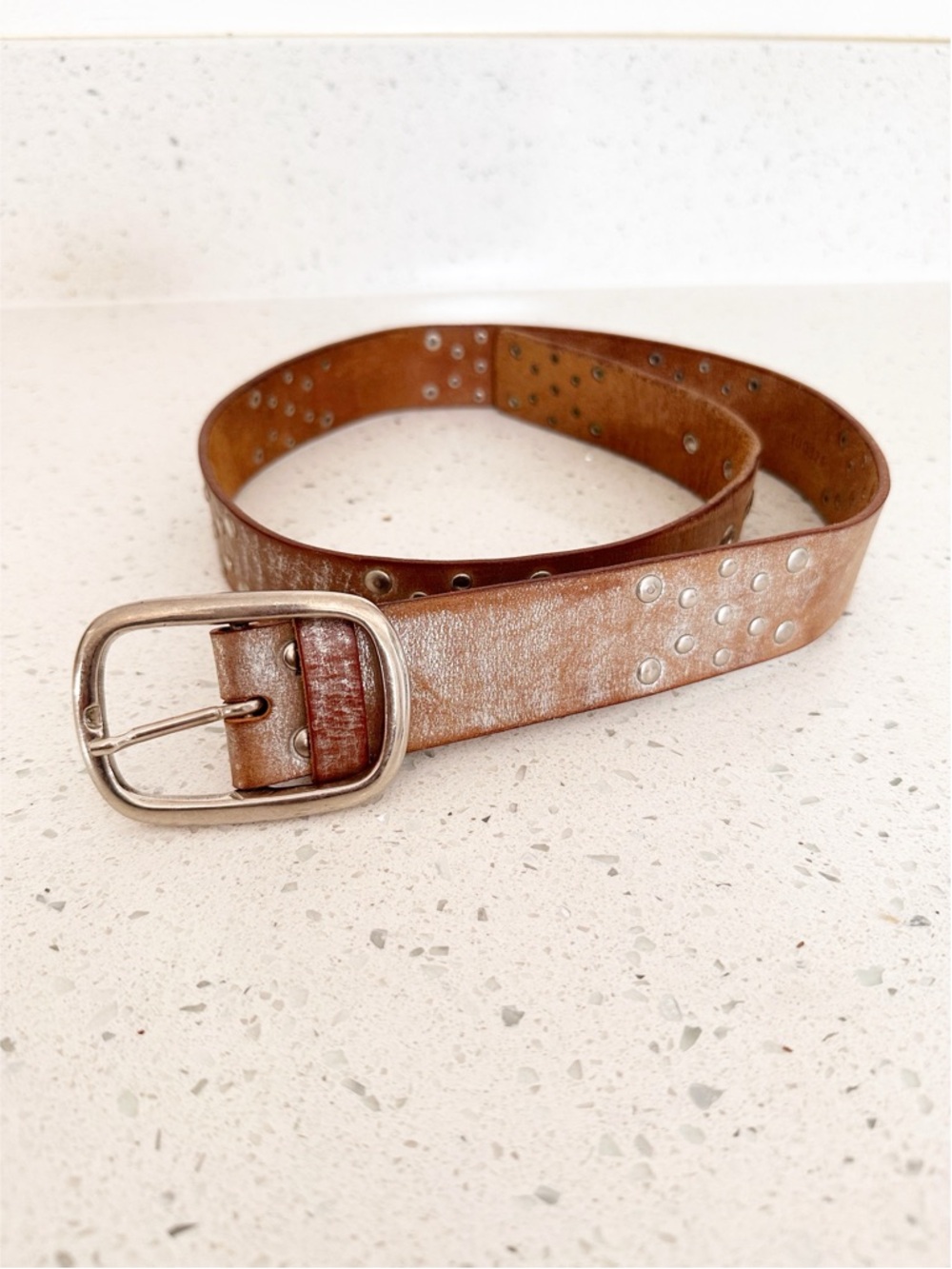 Vintage Copper Rivet Brown Leather Belt with Brass Buckle Medium Silver Studded
